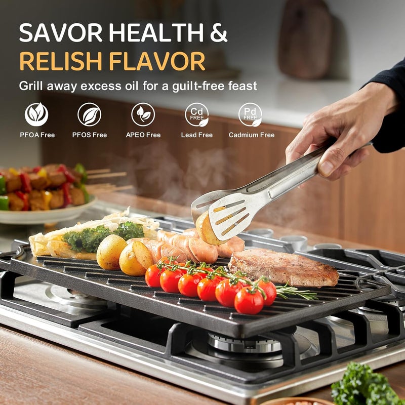 EWFEN Reversible Grill/Griddle, 16.7x9.5'' Pre-Seasoned Cast Iron Griddle Pan, Double Burner Cookware, Rectangular Non-Stick Stovetop Griddle with Handles, Flat Top Plate for Oven, Grill & Campfire - Image 3